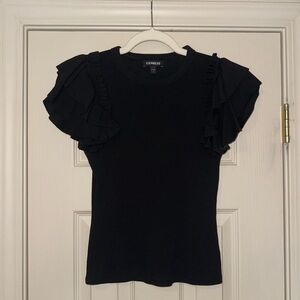 Express Black Ruffled Cap Sleeve Blouse